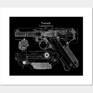 WW2 Luger P08 Weapon Blueprint Posters and Art